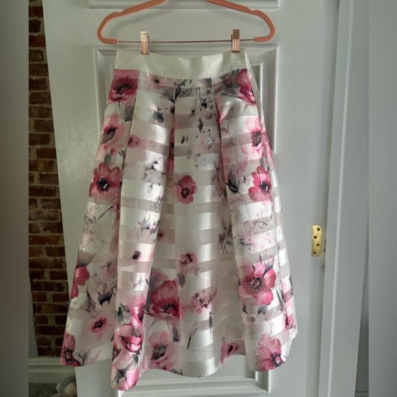WHBM Satin Shadow Stripe Floral Full Skirt in Pink Tint - Picture 2 of 6